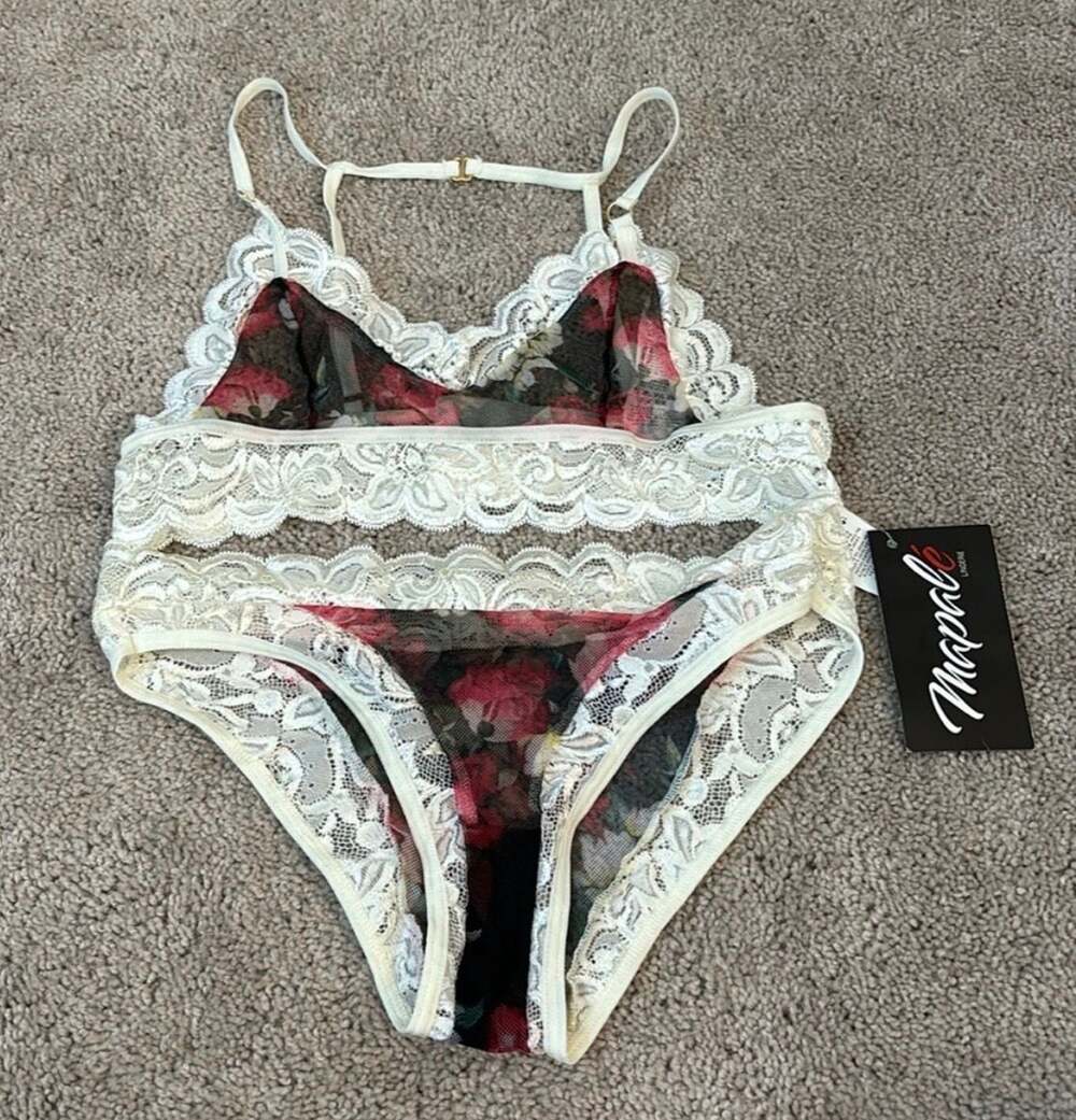 Mapale White and Floral Print Two Piece Lace Bralette and Panty Lingerie Set M/L